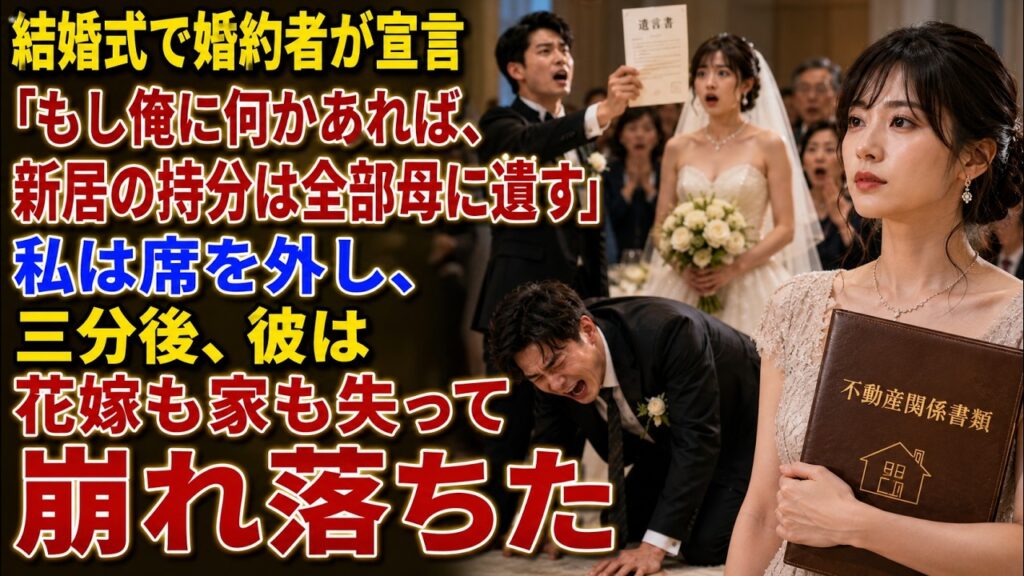 結婚式で婚約者が宣言「もし俺に何かあれば、新居の持分は全部母に遺す」私は席を外し、三分後、彼は花嫁も家も失って崩れ落ちた