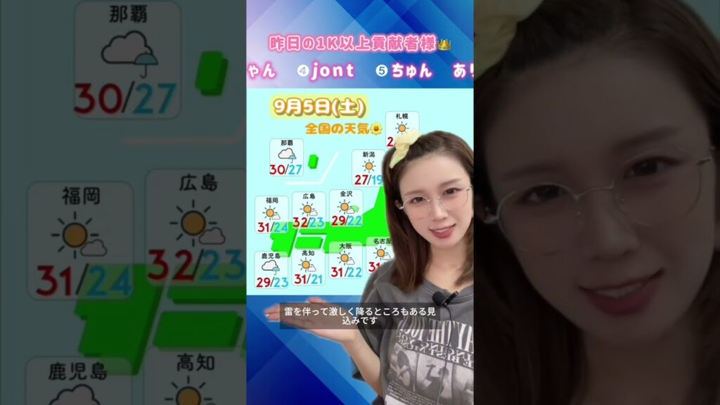 【はるモニ】9月5日(土)の天気予報です🌼#はるモニ #お天気お姉さん #天気予報 #はるはる🌤🌼　気象庁のホームページを参考に作成しています。