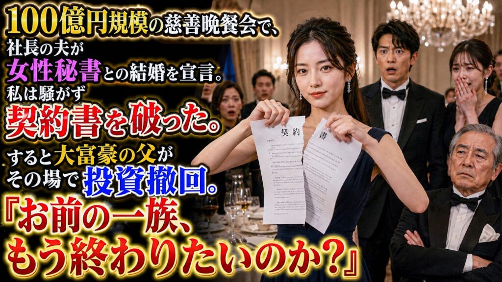 100億円規模の慈善晩餐会で、社長の夫が女性秘書との結婚を宣言。私は騒がず契約書を破った。すると大富豪の父がその場で投資撤回。「お前の一族、もう終わりたいのか？」