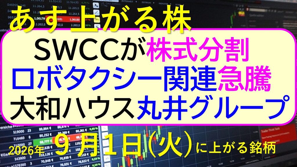 SWCCが株式分割。NTT高値、リクルート高値。ロボタクシー関連が急騰。大和ハウス、丸井グループ。~あす上がる株 2026年9月1日(火)に上がる銘柄。最新の日本株情報。高配当株の株価やデイトレ情報 SWCCが株式分割。NTT高値、リクルート高値。ロボタクシー関連が急騰。大和ハウス、丸井グループ。~あす上がる株 2026年9月1日(火)に上がる銘柄。最新の日本株情報。高配当株の株価やデイトレ情報