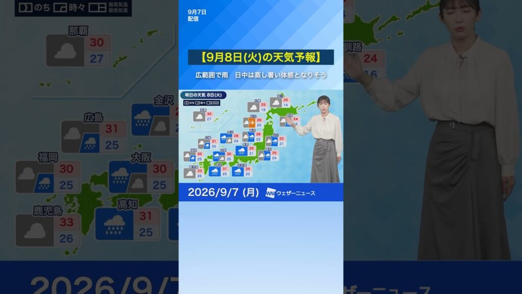 【9月8日(火)の天気予報】西日本から東北の広い範囲で雨 蒸し暑い体感となりそう 熱中症に注意 【9月8日(火)の天気予報】西日本から東北の広い範囲で雨 蒸し暑い体感となりそう 熱中症に注意