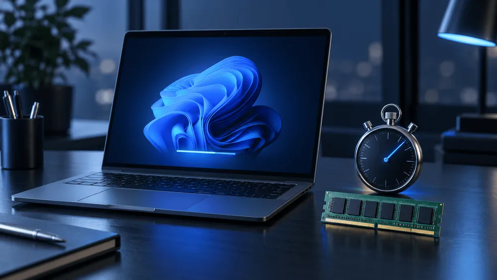 ノートPC、ストップウォッチ、RAMが置かれた机の上の様子