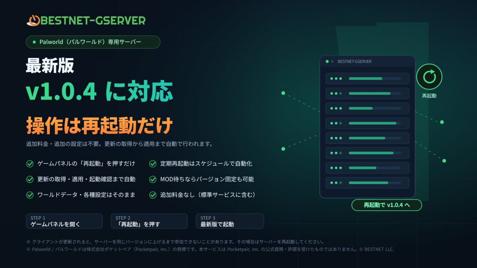 【BESTNET-GSERVER】Palworld 最新版 v1.0.4 に対応 ― サーバーの再起動だけで自動適用、追加料金・追加設定は不要