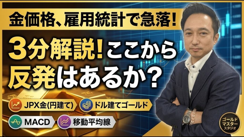 【金価格】強い雇用統計でゴールド急落！ここから反発はあるか？ドル建て・JPX金チャートを3分間で凝縮分析【村石流・7つの戦略ロジック】