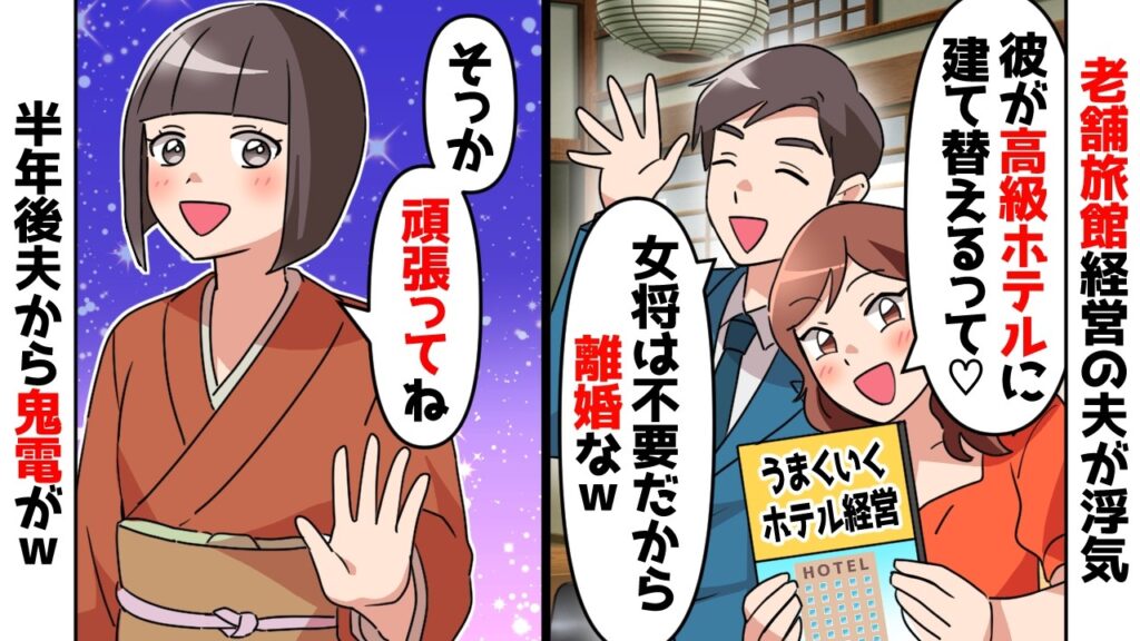 【スカッと】夫「ボロボロの老舗旅館を建て替えて高級ホテルにする」浮気相手「女将はいらないから離婚してｗ」⇒半年後に夫から鬼電がｗ【スカッとする話】