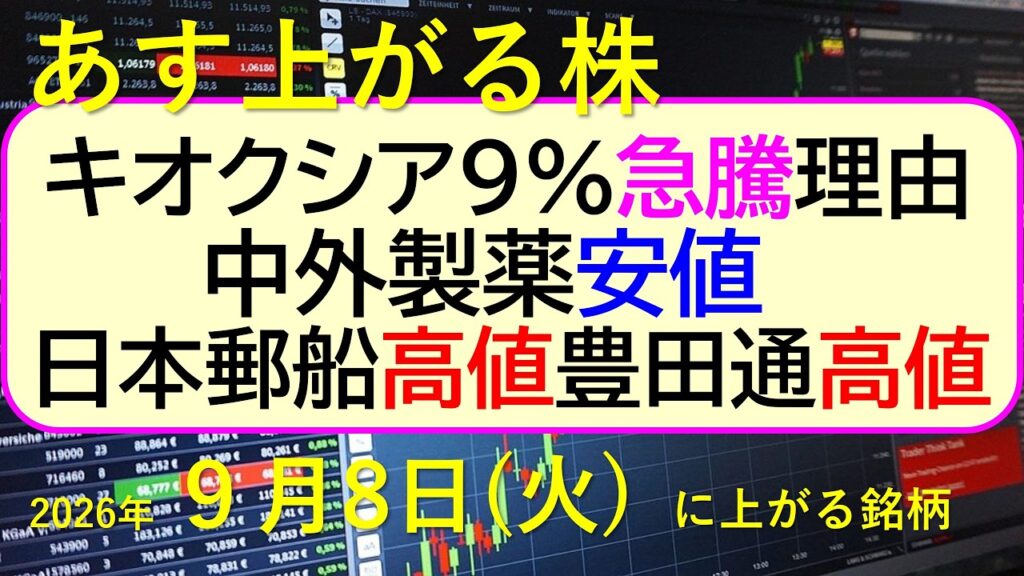 キオクシアが9%超急騰、その理由。中外製薬が安値。日本郵船が高値。豊田通商が高値。~あす上がる株 2026年9月8日(火)に上がる銘柄。最新の日本株情報。高配当株の株価やデイトレ情報 キオクシアが9%超急騰、その理由。中外製薬が安値。日本郵船が高値。豊田通商が高値。~あす上がる株 2026年9月8日(火)に上がる銘柄。最新の日本株情報。高配当株の株価やデイトレ情報