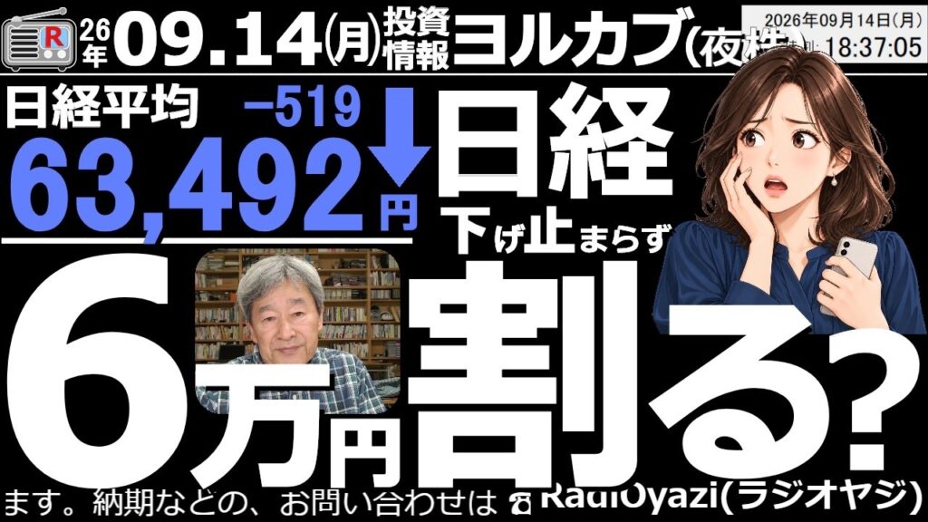 【ヨル株!(投資情報)】日経平均は一時62,762円まで下落。終値では63,500円付近まで反発したが弱い。まだ「下げ止まり」の印象はなく、さらなる下落がありえる。6万円割れの展開も視野に入ってきた。 【ヨル株!(投資情報)】日経平均は一時62,762円まで下落。終値では63,500円付近まで反発したが弱い。まだ「下げ止まり」の印象はなく、さらなる下落がありえる。6万円割れの展開も視野に入ってきた。