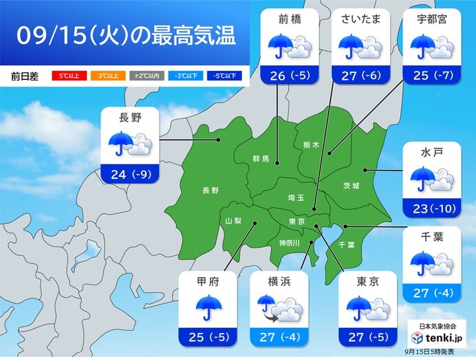 今日15日　広く雨　朝の通勤時間帯は雨脚強まる所も