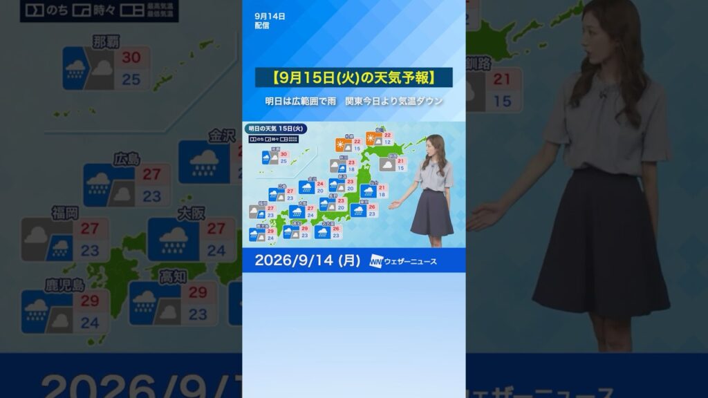 【9月15日(火)の天気予報】西日本から東北にかけて広く雨　関東では今日より気温が下がる