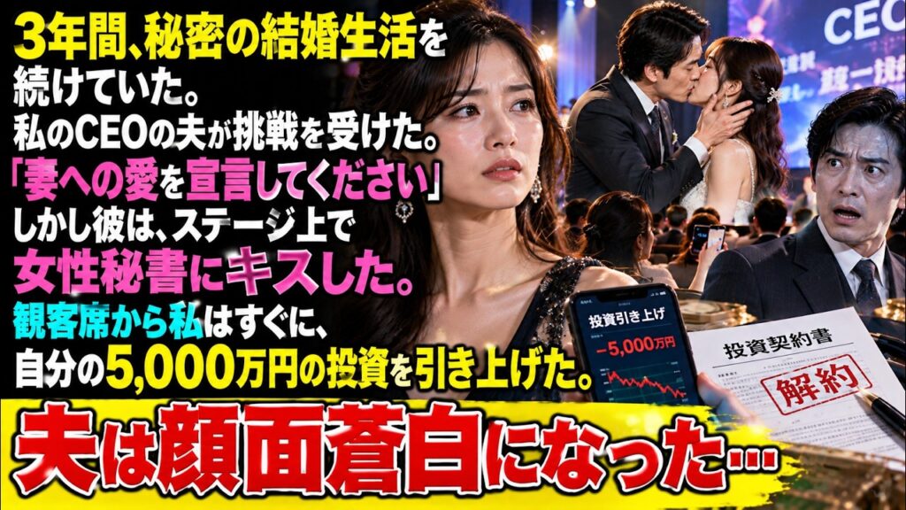 3年間、秘密の結婚生活を続けていた。 私のCEOの夫が挑戦を受けた。 「妻への愛を宣言してください」 しかし彼は、ステージ上で女性秘書にキスした。 観客席から私はすぐに、
