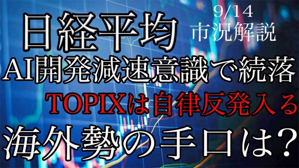 9/14【日経平均】AI開発減速意識で続落！TOPIXは自律反発入る！海外勢の手口は？