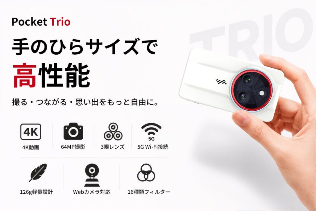 「カメラで撮る楽しさ」をポケットに。3眼コンパクトカメラ「Pocket Trio X4」本日CAMPFIRE登場!最大38%OFF・先着50個限定! | 株式会社RTのプレスリリース 「カメラで撮る楽しさ」をポケットに。3眼コンパクトカメラ「Pocket Trio X4」本日CAMPFIRE登場!最大38%OFF・先着50個限定! | 株式会社RTのプレスリリース