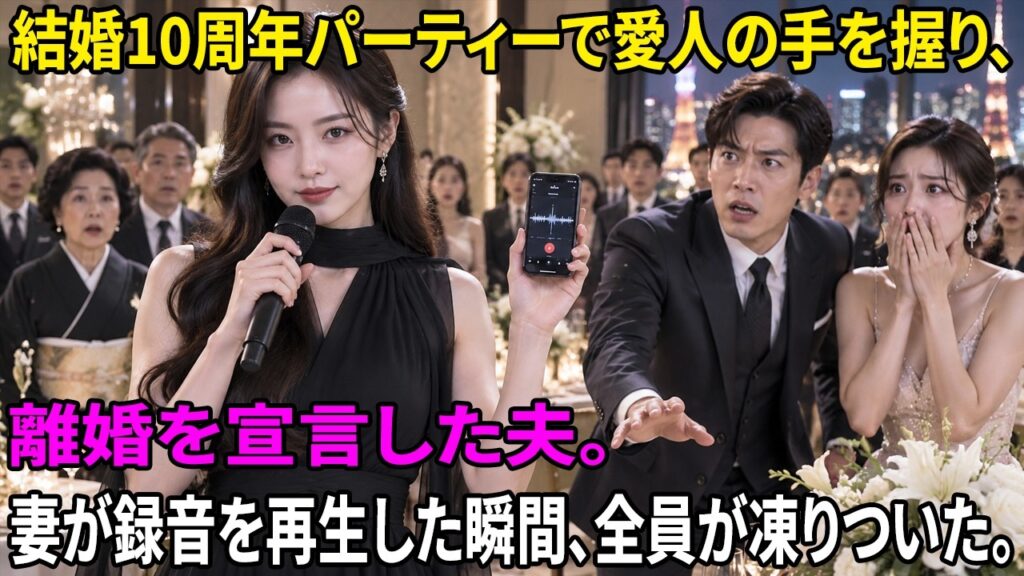 結婚10周年パーティーで愛人の手を握り、「離婚しよう」と宣言した夫――。妻は何も言わず、録音ファイルを再生した。すると、家を奪おうとしていた二人の会話が、招待客全員の前に流れ始めた！