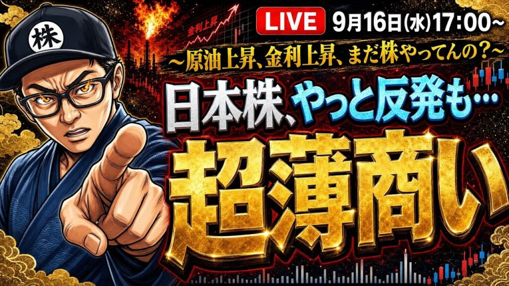 【2026/9/16(水)17:00~】日本株、やっと反発も…超薄商い~原油上昇、金利上昇、まだ株やってんの?~ ― 相場振り返りLIVE 【2026/9/16(水)17:00~】日本株、やっと反発も...超薄商い~原油上昇、金利上昇、まだ株やってんの?~ ― 相場振り返りLIVE