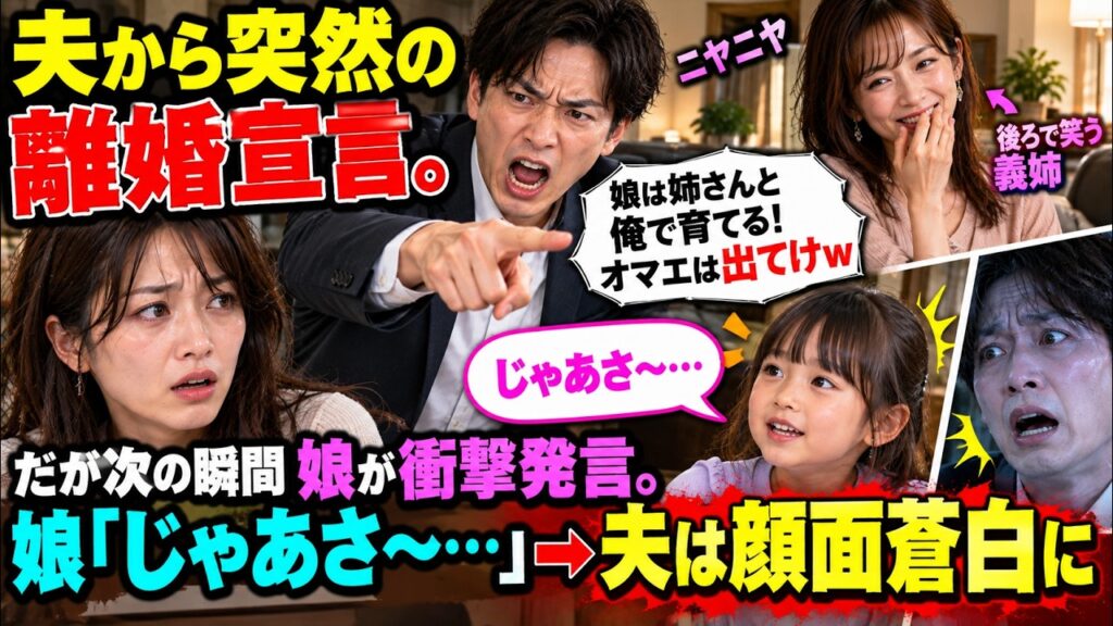 【スカッと感動】夫から突然の離婚宣言。夫「娘は姉さんと俺で育てる！オマエは出てけw」→後ろで笑う義姉。だが次の瞬間娘が衝撃発言。娘「じゃあさ～…」→夫は顔面蒼白に
