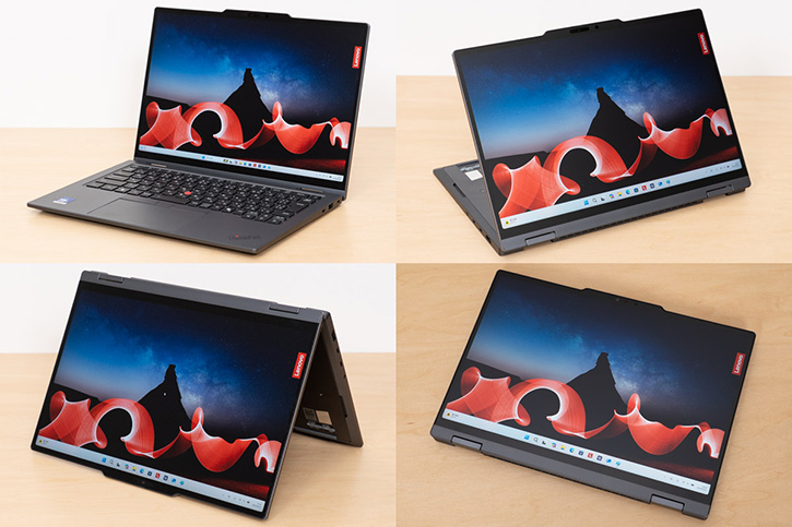 ThinkPad X1 2-in-1 Gen 11 Aura Editionをタブレットやテントモードで使用しているところ