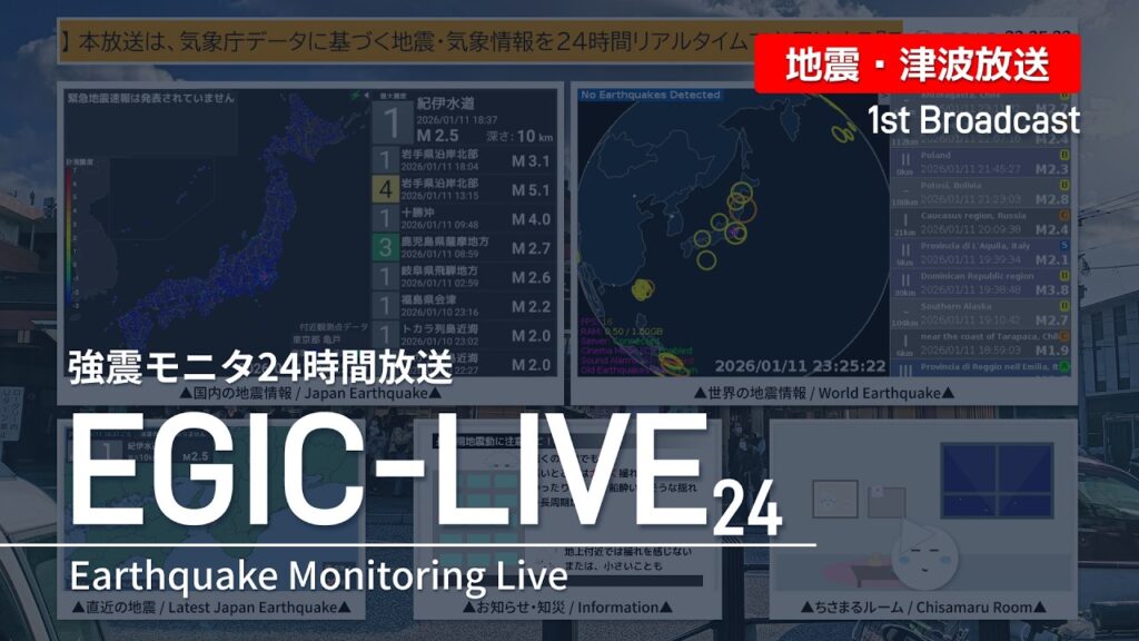 【地震・津波速報ライブ】EGIC-LIVE 第1放送｜24時間地震・津波速報｜強震モニタ放送【日本・海外】 夜間の部（夜6時～） [2026/09/27]