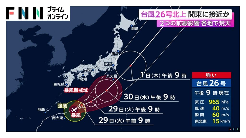 【台風情報】台風26号北上で関東に接近か　2つの前線影響　各地で荒天（2026年09月29日）