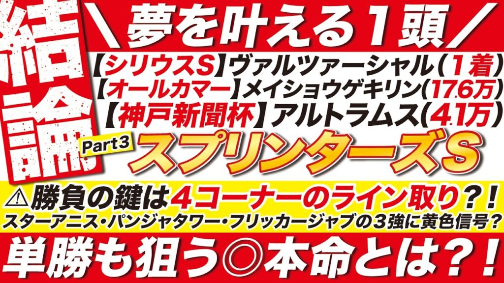 🎯魂の最終結論→【スプリンターズステークス 2026 予想】勝負の鍵は４コーナーのライン取り？！スターアニス・パンジャタワー・フリッカージャブの３強に黄色信号？単勝も狙う◎本命とは？！