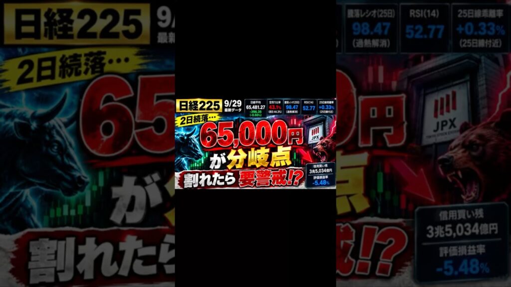 【日経平均危険⚠️】「65,000円が分岐点！2日続落で相場に変化」#shorts