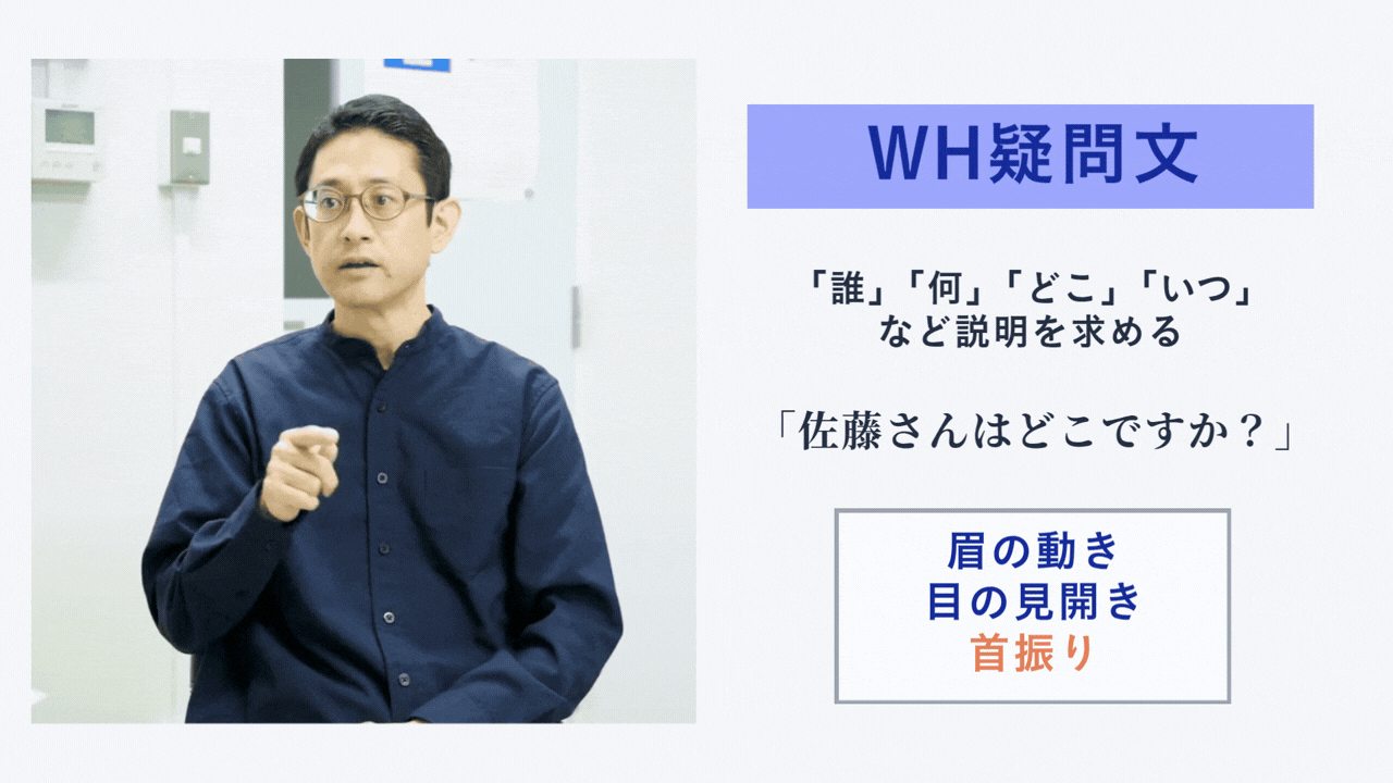 手話の「WH疑問文」の表現を説明する図。左側には首をかしげるように傾け、手話をする松﨑丈さんの写真があり、右側には「WH疑問文」「『誰』『何』『どこ』『いつ』など説明を求める」「『佐藤さんはどこですか?』」「眉の動き / 目の見開き / 首振リ」という解説テキストが添えられている。