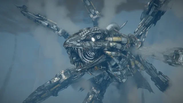 霧の中を飛行する巨大な機械仕掛けの敵キャラクター