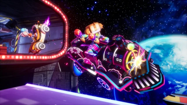 アミーゴがロコモーティブDEアミー号で宇宙を走行するゲーム画面