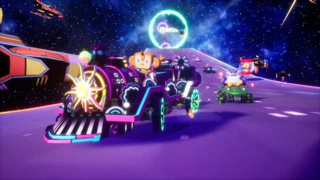 アミーゴがロコモーティブDEアミー号で宇宙空間のコースを走行するゲーム画面