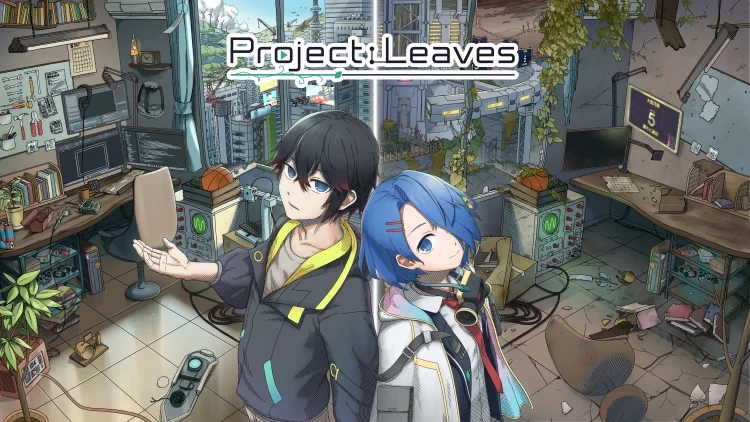 Project: Leavesのキービジュアル。2人のキャラクターと都市の風景が描かれている。