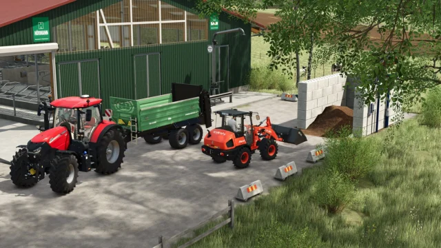 Pumps N' Hoses Packの農場内で農機と設備が配置されたゲーム画面