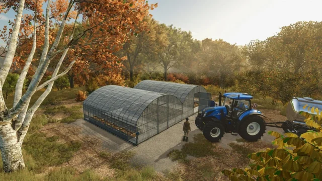 『Farming Simulator 25』のゲーム画面。秋の風景にトラクターと農業用施設が写る