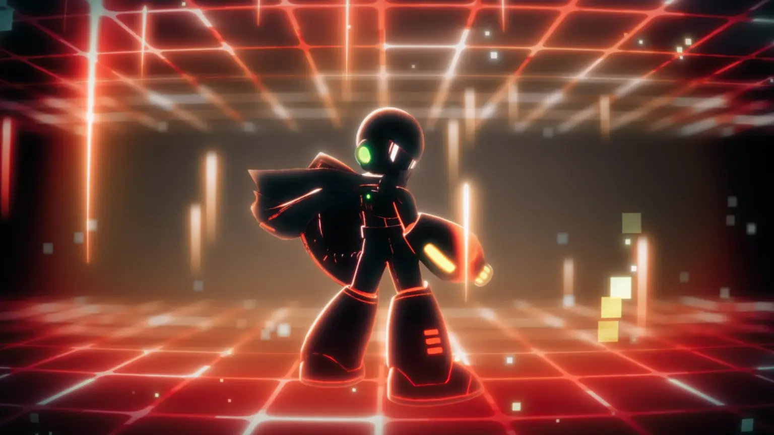 『ロックマン: デュアル オーバーライド』のブルースが赤い光の空間に立つビジュアル
