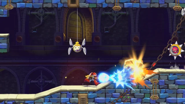 『ロックマン: デュアル オーバーライド』のゲームプレイ映像。ブルースが敵を攻撃する場面