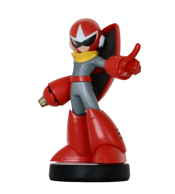 ブルースのamiibo。赤い装甲と黄色いスカーフのフィギュアが黒い台座に立っている