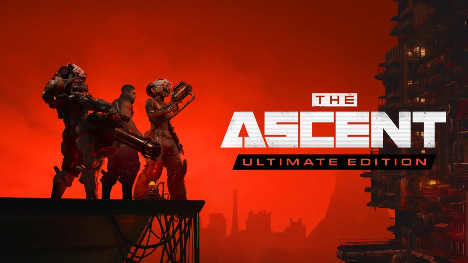 『The Ascent Ultimate Edition』のキービジュアル。赤い背景に3人のキャラク