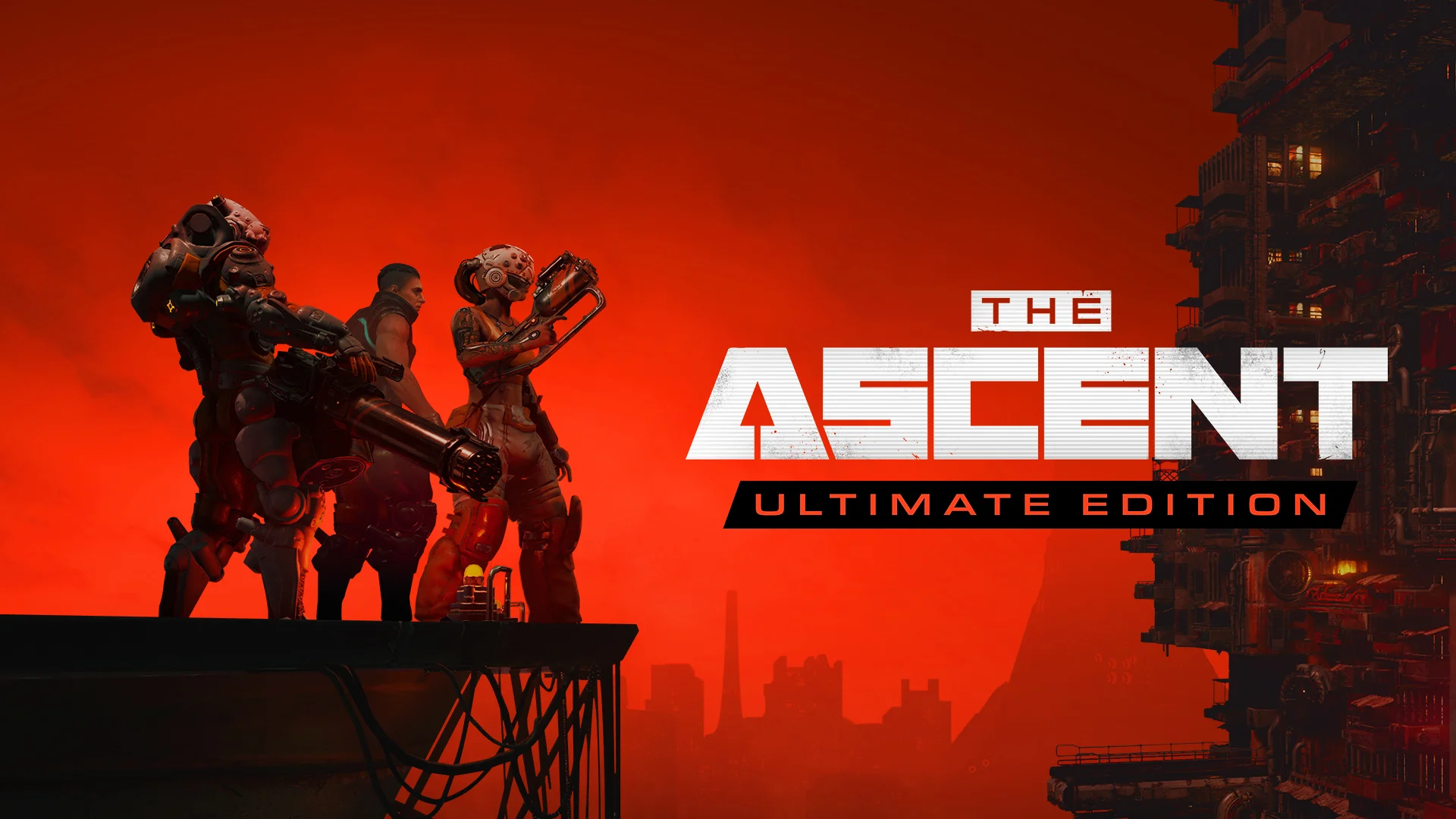 『The Ascent Ultimate Edition』のキービジュアル。赤い背景に3人のキャラク
