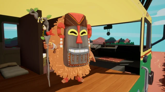 『Kalanoro（カラノロ）』の登場キャラクター、木製の仮面を付けたキツネザルがバス内で杖を持つ姿