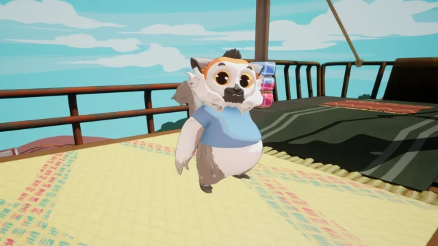 『Kalanoro（カラノロ）』のキツネザルキャラクターが船の甲板に立つゲーム画面