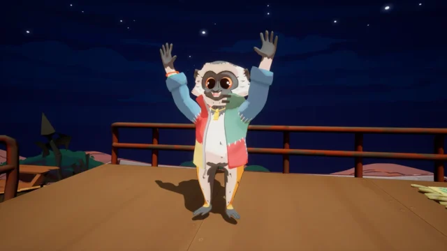 『Kalanoro（カラノロ）』のキツネザルキャラクターが夜間の屋外で両手を挙げて立つ姿