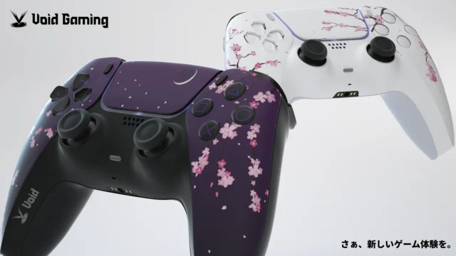 Void Gamingのコントローラー2台。紫と白の本体に桜柄のデザインが施されています。