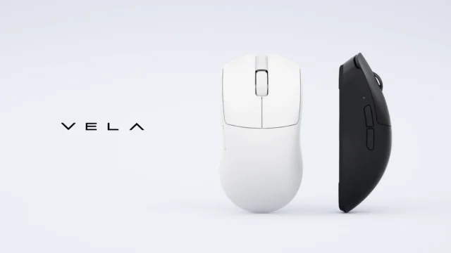 AIM1の新作マウス「VELA」の白と黒の2色を並べた製品写真