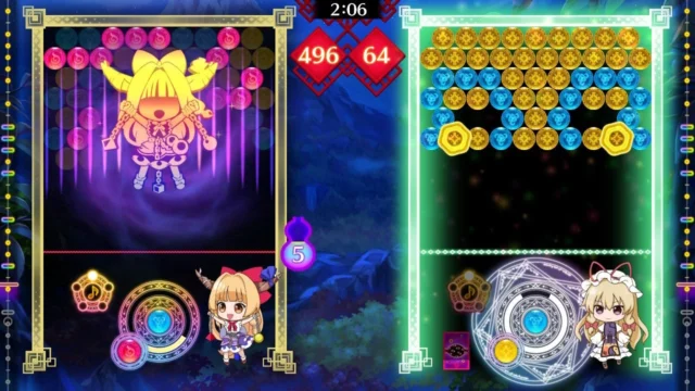 東方スペルバブルの対戦プレイ画面。左側に伊吹萃香のキャラクターとパズル盤面、右側に相手側の盤面が表示されている。