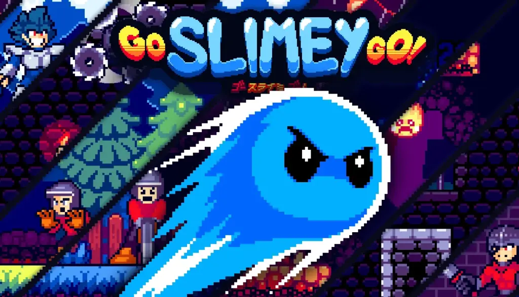 『Go Slimey Go!』のロゴと青いスライムキャラクターのピクセルアートビジュアル