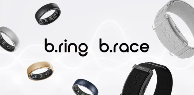 b.ringとb.raceのロゴと、リング型・バンド型ウェアラブルの製品群