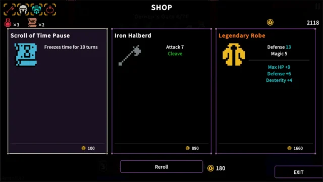 Delve Survivorsのショップ画面でスクロールと装備が並ぶ様子