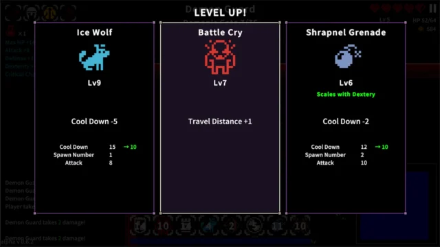 Delve Survivorsのレベルアップ画面で3つのスキルが選択可能