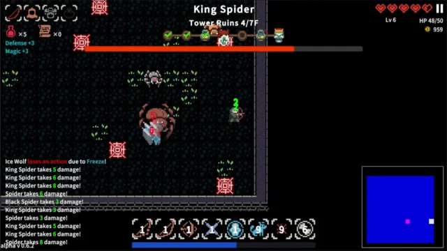 Delve SurvivorsのKing Spider戦のピクセルアート戦闘画面