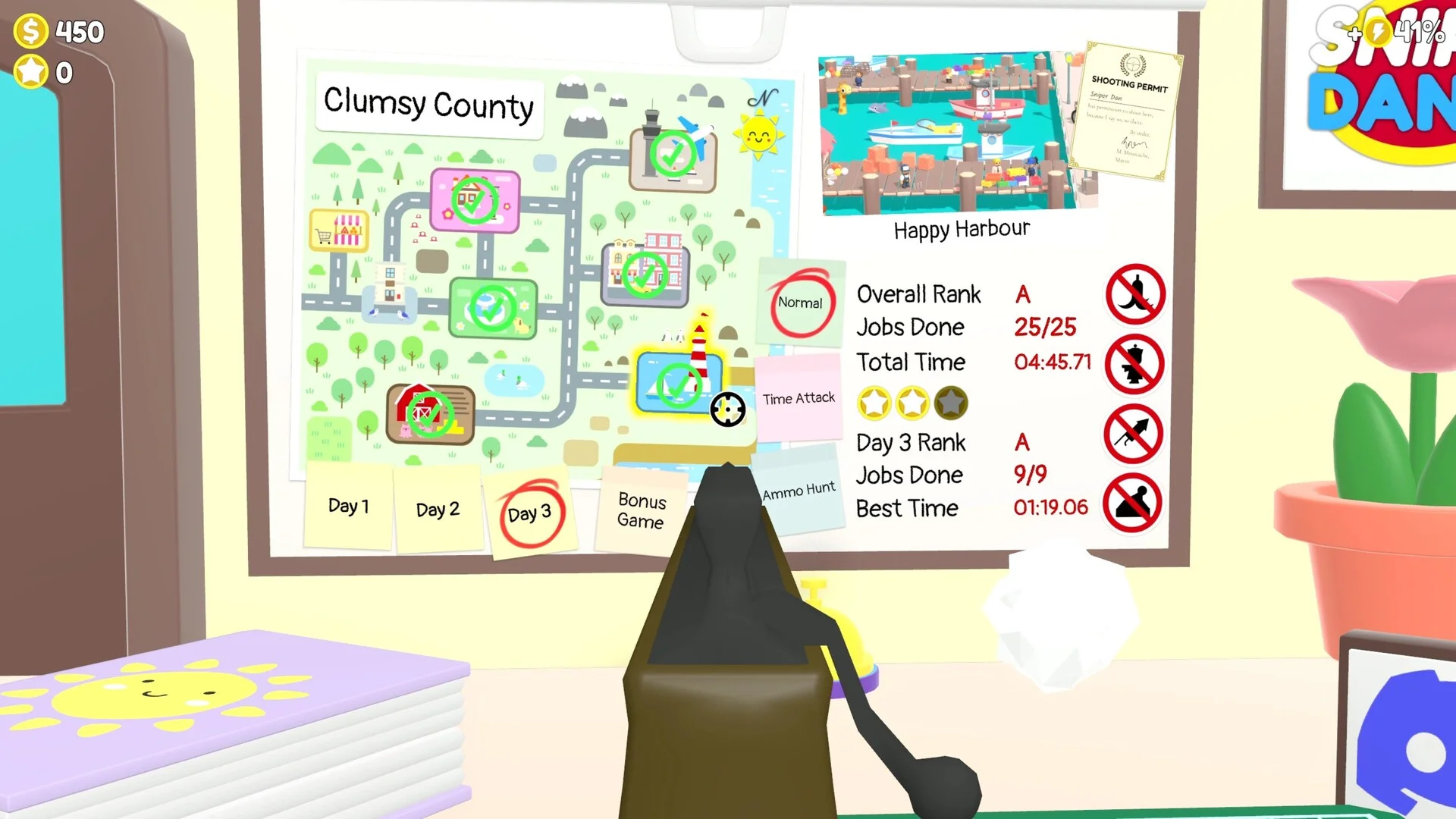Clumsy CountyのマップとHappy Harbourの成績が表示された画面