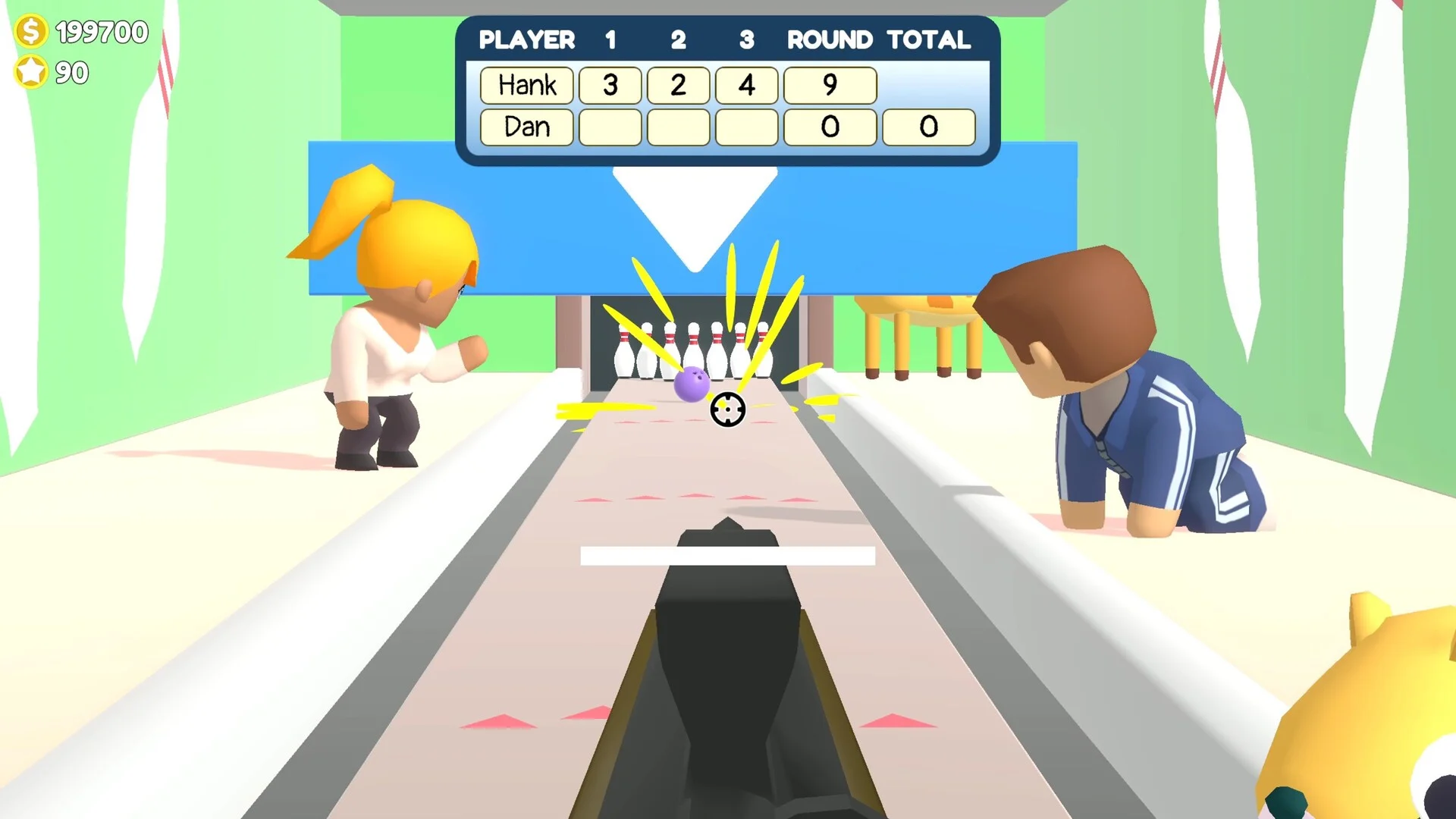 ボウリングゲームのプレイ画面で、レーン上のピンとボール、得点表、キャラクターが映っている