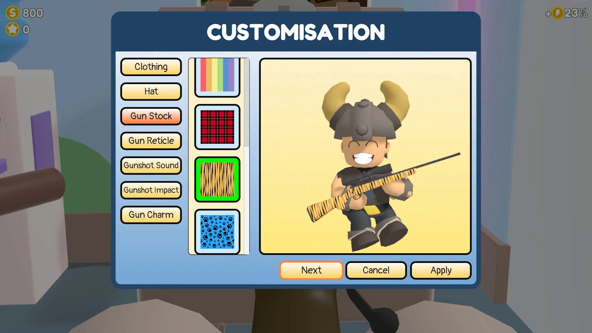 CUSTOMISATION画面でGun Stockを選択し、角付き兜と銃を持つキャラクターが映る